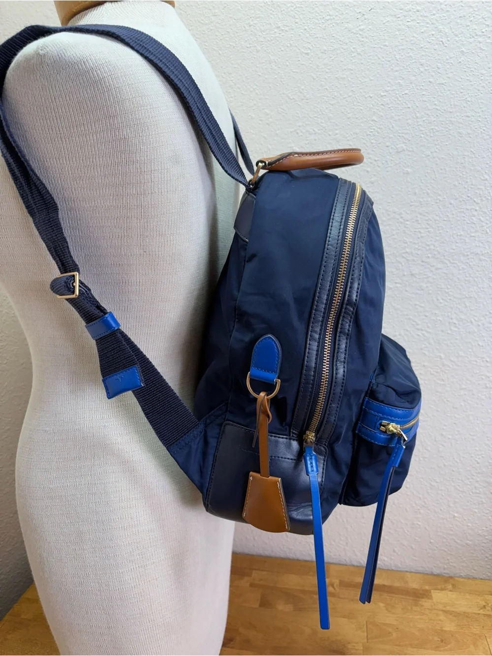 Tory Burch Perry Nylon Small Backpack Navy Blue Leather Trim Travel Bag Handbag